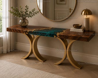 Live Edge Walnut & Emerald Epoxy River Table, Gold Leaf Console Table, Luxury Entryway Furniture, Modern Resin Sofa Table, Custom Burl Wood
