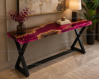 Luxury Magenta Resin River Table, Live Edge Wood Console Table, Vibrant Pink Epoxy Entryway Table, Mid Century Modern Sofa Table,