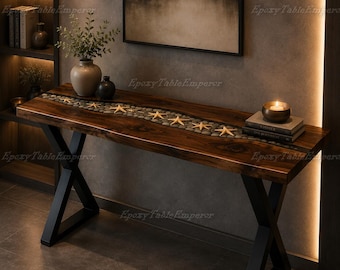 Starfish Epoxy River Console Table, Live Edge Entryway Table, Ocean Beach Theme Sofa Table, Pebble Stone Resin Table, Coastal Home Decor