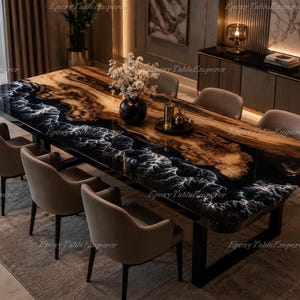 Black Ocean Epoxy Resin Dining Table | Live Edge Wood River Table | Custom Luxury Conference Table | Handmade Ocean Wave Dining Room Decor