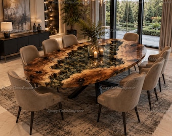 Live Edge Epoxy River Esstisch mit Flusssteinen, ovaler Holz-Esstisch, benutzerdefinierter Harztisch, Luxus Live Edge Tisch, handgefertigter Tisch