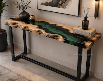 Live Edge Olivenholz Epoxy River Konsole, Smaragdgrün Wurzelholz Sofa Tisch