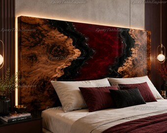 Live Edge Epoxy Kopfteil | Benutzerdefinierte Harz Flussbett Kopfteil | Blau & Schwarz Epoxy Holz Bettrahmen | Luxus Wurzelholz Schlafzimmer Möbel