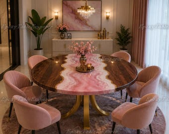 Live Edge Walnut Rose Quartz Epoxy Dining Table | Gold Pedestal Base, Round Resin Furniture