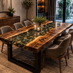 Live Edge Walnut Epoxy Dining Table with River Stones | Rustic Luxury Hardwood Furniture image 7