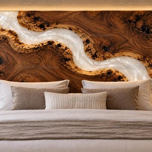 Custom Live Edge Resin Headboard, White Epoxy River Bedhead, Rustic Modern Wall Art