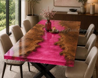 Pink Epoxy Fluss Esstisch | Live Edge Maserholz Konferenzmöbel
