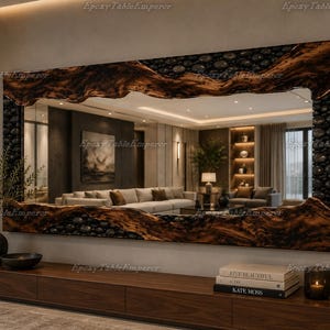 Live Edge Burl Wood Mirror, River Stones, Epoxy Resin Wall Art, Rustic Vanity Mirror