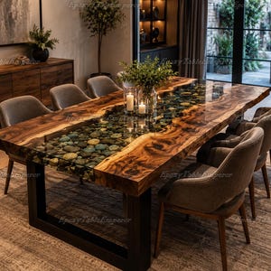May include: A rectangular dining table featuring a live edge walnut wood slab with a central river section filled with smooth, multi-colored river stones encased in clear epoxy resin, supported by a sturdy black metal U-shaped frame base.