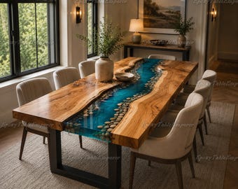 Live Edge Walnut Epoxy River Dining Table with Natural Stones (Customizable)