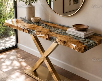 Epoxy River Pebble Console Table, Live Edge Wood Entryway Table, Clear Resin Sofa Table, Brass Console, Hallway Table