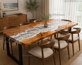 Ocean Resin Dining Table, Live Edge Wood Table with Epoxy Ocean Wave, Custom Wooden Kitchen Table, Luxury Beach House Table