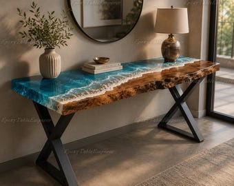 Ocean Wave Epoxy Resin Table, Live Edge Wood Console Table, Blue River Entryway Table, Modern Furniture, Rustic Sofa Table, Coastal Decor