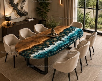 Live Edge Esstisch aus Walnussholz, Ocean Resin River mit Steinen, Küstenmöbel