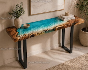 Live Edge Walnut Epoxy River Table with Natural Stones, Custom Blue Resin Dining Table, Handmade Wood Slab Table, Rustic Modern Furniture