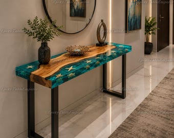 Konsolentisch aus Ozeanharz, Live Edge Epoxy-Flusstisch mit Muscheln und Seesternen, Küsteneingangstisch, Strandsofa-Konsole