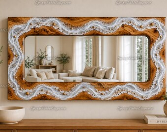 Live Edge Holzspiegel mit Ozeanwellen-Epoxidharz, luxuriöser Wandspiegel aus Wurzelholz, handgefertigtes gewelltes Kosmetikspiegel-Dekor