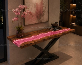 Live Edge Epoxy Resin Console Table | Pink River Table with LED Lights | Burl Wood Entryway Furniture Luxury Pink Epoxy River Console Table