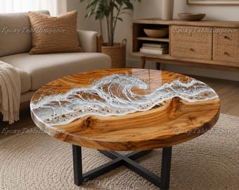 Ronde oceaan epoxy salontafel, tafel met levende rand houthars, zee witte golf salontafel, op maat gemaakte strandkunstmeubels, handgemaakte riviertafel