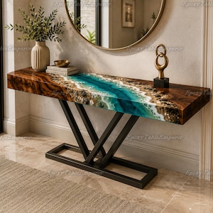 Walnut Epoxy Resin Ocean Wave Console Table, Live Edge Entryway Sofa Table, Geometric Base