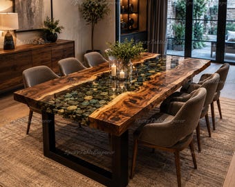 Live Edge Walnut Epoxy Table with River Stones | Custom Resin Dining Table | Rustic Luxury Table | Hardwood Table | Handmade River Table