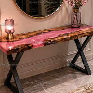 Live Edge Walnut Resin River Console Table – Pink Epoxy Entryway Table – Modern Rustic Decor – Custom Sofa Table – Handmade Wood Furniture