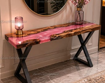 Mesa consola de resina de nogal con borde natural – Mesa de entrada de epoxi rosa – Decoración rústica moderna – Mesa auxiliar para sofá a medida – Muebles de madera hechos a mano