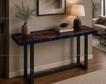 Blue Epoxy Resin Console Table, Live Edge River Table, Walnut Entryway Table, Modern Sofa Table, Slim Hallway Table with Metal Legs