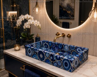 Blue Agate Vessel Sink | Rectangular Stone Bathroom Basin