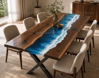 Live Edge Walnut Dining Table, Blue Ocean Resin River, Custom Beach Wave Kitchen Table