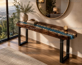 Mesa consola personalizada de resina epoxi con diseño de río, mesa de entrada con borde natural y guijarros, mesa de pasillo de resina azul, mesa de sofá de madera moderna para decoración.
