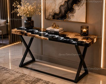 Marbled Black Resin Console Table, Live Edge Burl Wood River Table, Luxury Entryway Table, Custom Sofa Table, Contemporary Hallway Furniture