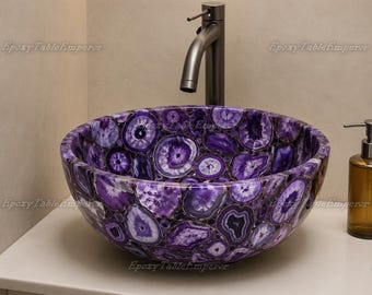 Purple Agate Geode Vessel Sink | Handcrafted Epoxy Resin Bathroom Basin