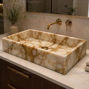 Vasque rectangulaire en marbre veiné doré sculpté à la main, style onyx miel