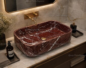 Red Marble Vessel Sink, Rectangular Natural Stone Wash Basin, Luxury Vanity Basin, Hand Carved Marble Sink, Custom Powder Room Basin