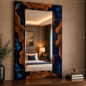 Live Edge Wood & Blue Epoxy Resin Mirror Frame | Large Custom Wall Mirror | Ocean Wave Burl Wood Mirror | Luxury Rustic Modern Home Decor