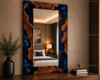 Live Edge Wood & Blue Epoxy Resin Mirror Frame | Large Custom Wall Mirror | Ocean Wave Burl Wood Mirror | Luxury Rustic Modern Home Decor