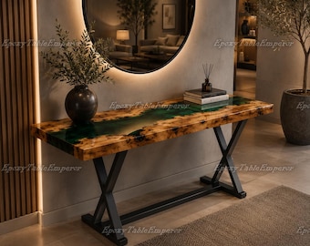 Live Edge Epoxy River Console Table, Emerald Green Wood Entryway Furniture