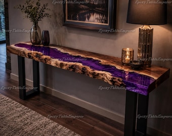 Purple Epoxy River Konsolentisch, Live Edge Walnut, Luxus Flur Akzent Möbel