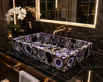 Amethyst Geode Slice Vessel Sink, Natural Purple Stone Bathroom Basin, Luxury Crystal Vanity Sink, Handcrafted Semiprecious Stone Wash Basin
