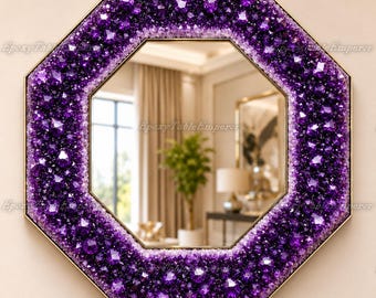 Amethyst Geode Mirror | Octagon Purple Crystal Wall Mirror | Faux Crystal Frame | Luxury Vanity Mirror | Glam Bathroom Decor