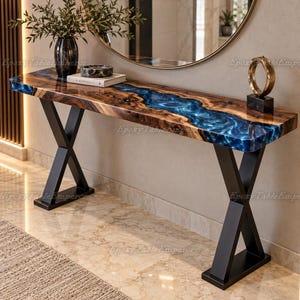 Konsolentisch „Blue Epoxy River“ | Massivholz mit Baumkante, Metall-X-Beine (anpassbar)