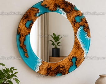 Ocean Wave Burl Wood Resin Mirror | Handmade Turquoise Coastal Statement Wall Art