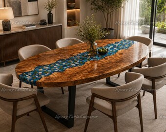 Oval Epoxy River Tisch mit Kieselsteinen, Live Edge Wurzelholz Esstisch, Benutzerdefinierte Ozean Harz Tisch, moderner Konferenztisch, handgemacht