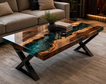 Walnut River Coffee Table | Teal Epoxy Live Edge Wood Centerpiece Furniture
