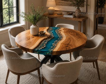 Round Live Edge Wood River Dining Table | Turquoise Epoxy Pebble Furniture