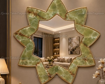Luxury Green Onyx Mirror Frame, Large Starburst Wall Mirror, Gold Brass Inlay Star Shaped Mirror, Modern Room Wall Decor, Handmade Mirror