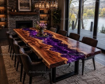 Purple Epoxy Resin River Dining Table, Live Edge Burl Wood Conference Table, Large Luxury Kitchen Table, Custom Resin Table Decor