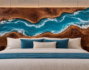 Custom Live Edge Wood And Ocean Resin Headboard, Turquoise Wave & Pebble River Headboard, Coastal Epoxy Bed Headboard, Custom Headboard