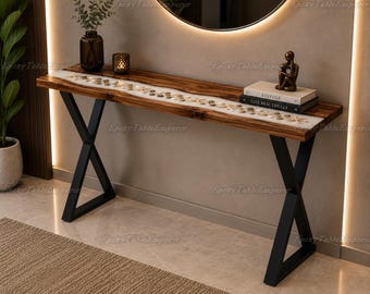 Epoxy Console Table, Live Edge River Table with Starfish And Stones, Coastal Entryway Table, Handmade Wood & Resin Furniture